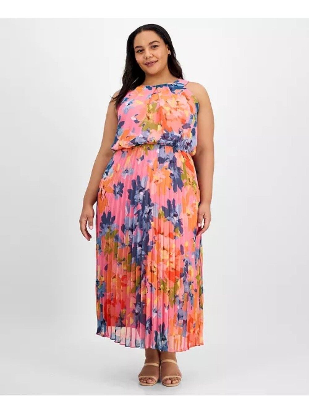 Signature by Robbie Bee Pink Floral Pleated Maxi Dress 6P Sleeveless